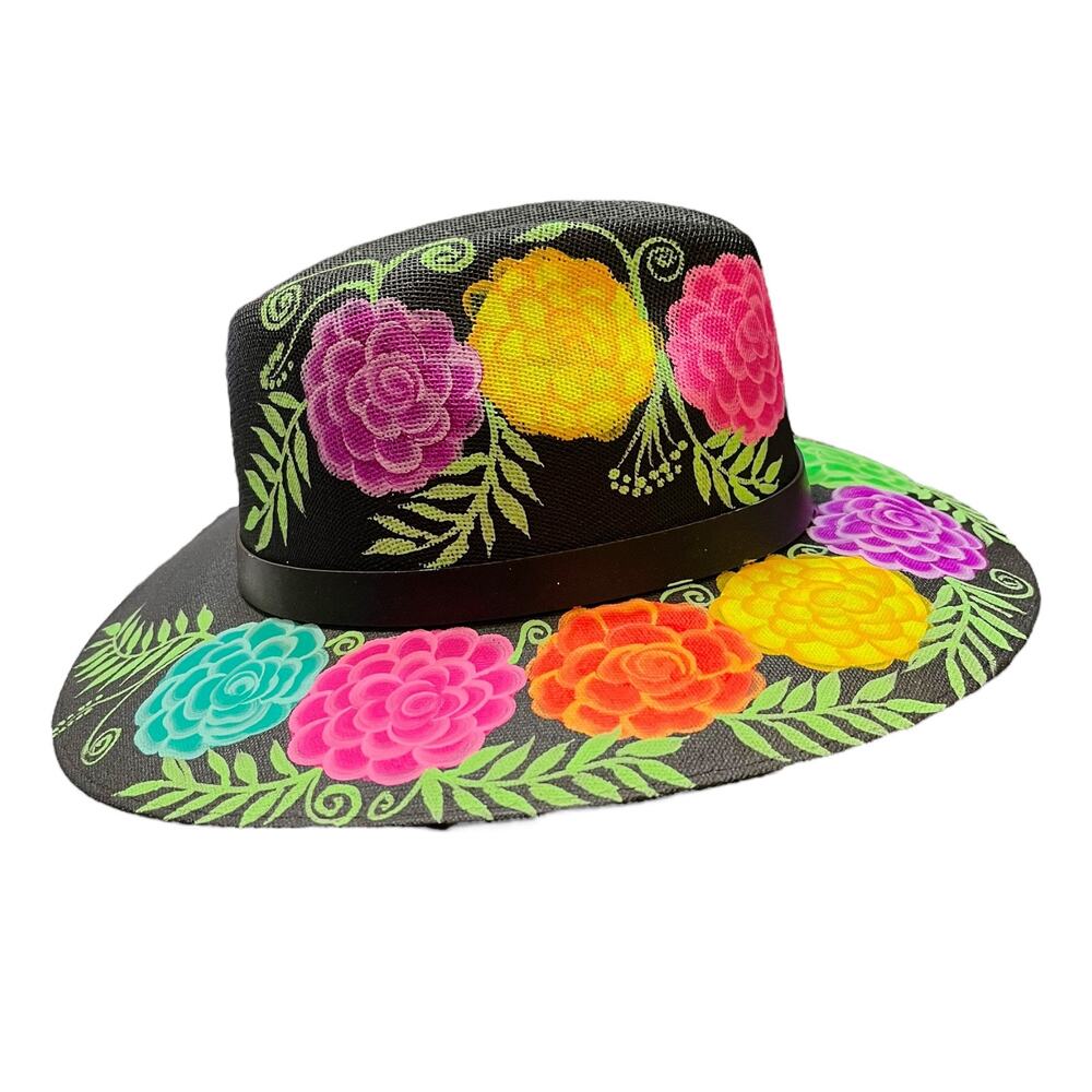 HAT MEXICAN Artisanal Hand Painted Fedora Floral Sombrero Panama Bohemian Black - Picture 2 of 9